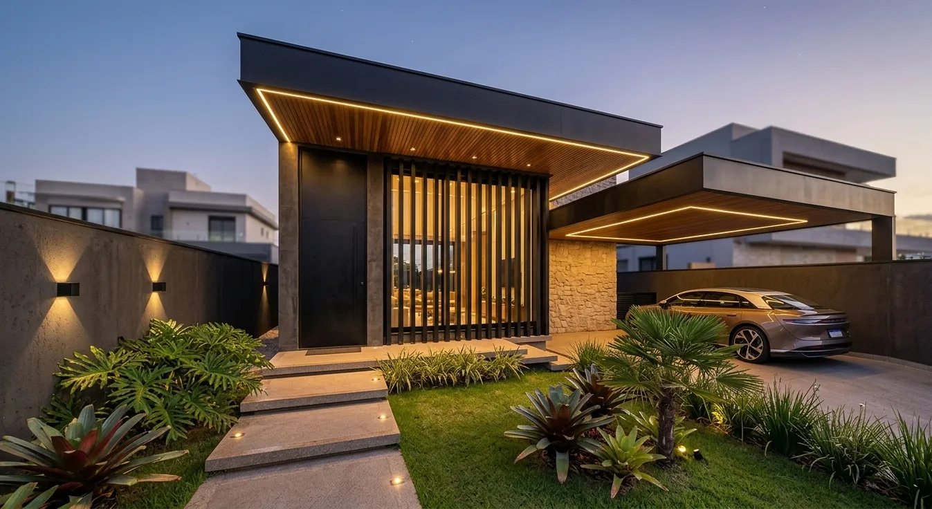 Residência contemporânea bem projetada com fachada equilibrada e paisagismo discreto.