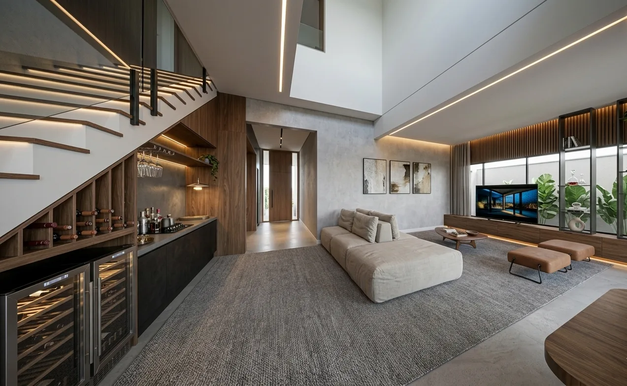 Interior residência sobrado contemporâneo sala de estar